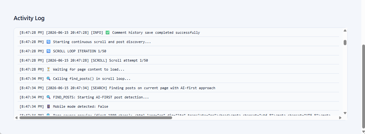 Junior Activity Log showing system-level log entries during a run