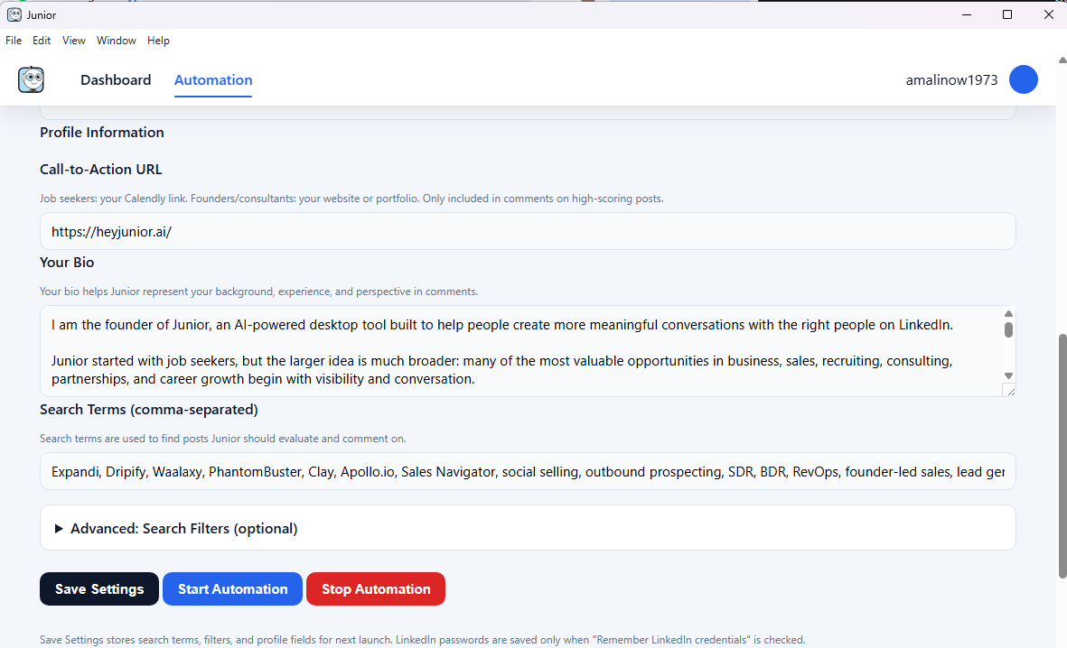Junior Automation tab showing the profile fields, search terms, and advanced filters