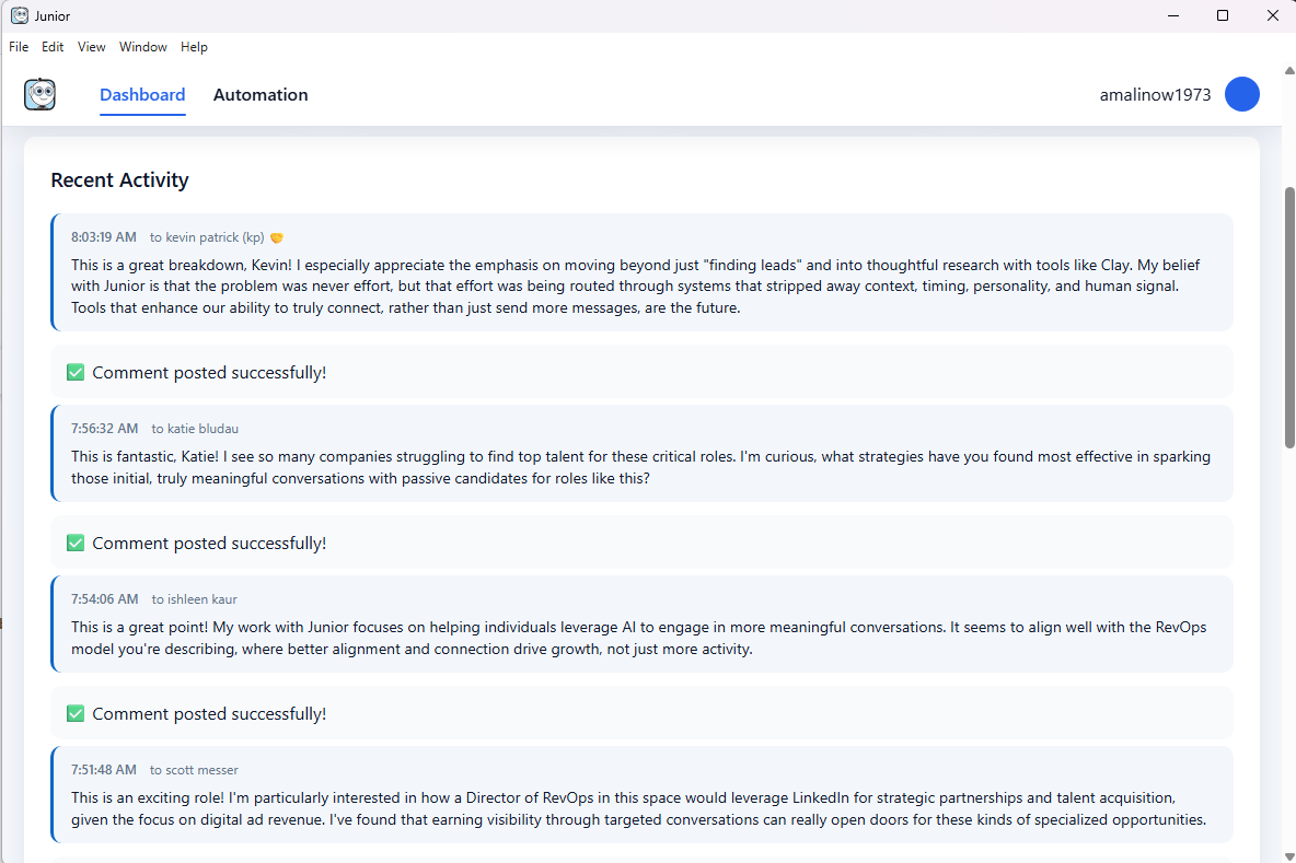 Junior Dashboard tab showing recent activity with successfully posted comments