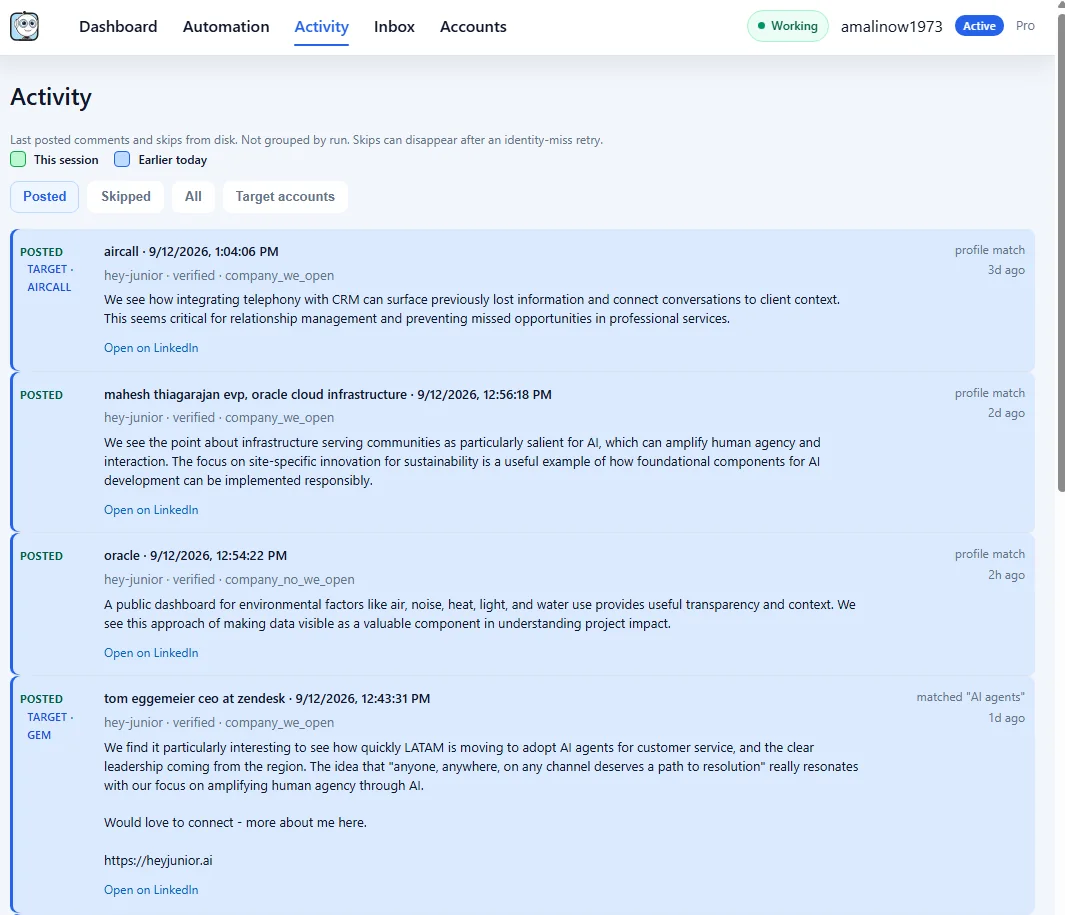 Junior's Activity view showing verified comments posted as a company page on target accounts