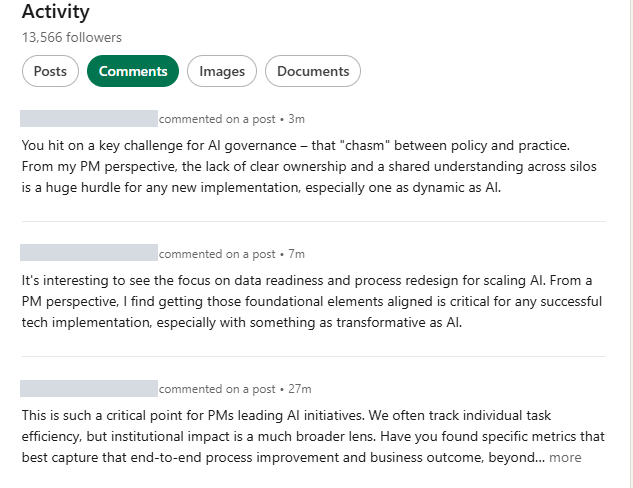 A Junior user's LinkedIn activity showing three thoughtful comments on AI governance and data readiness posts, posted 3, 7 and 27 minutes apart, on a profile with 13,566 followers