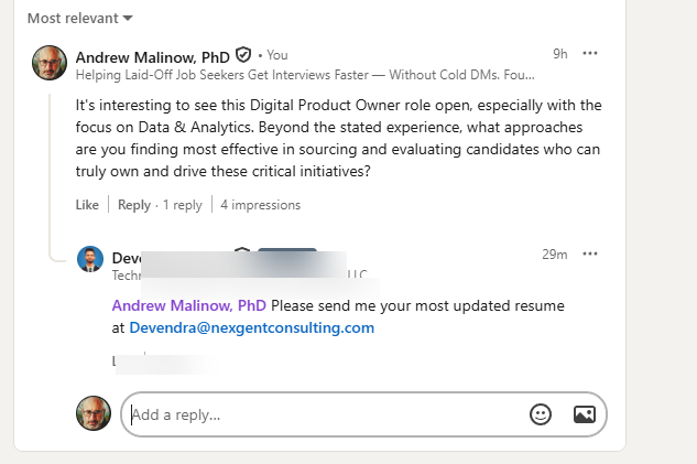 Screenshot: a recruiter on LinkedIn replies to a Junior-generated comment asking for the user's resume