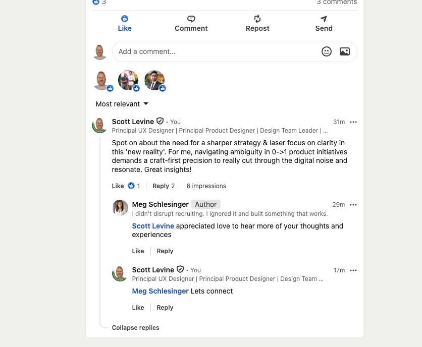 Scott Levine commented and the post author replied wanting to connect